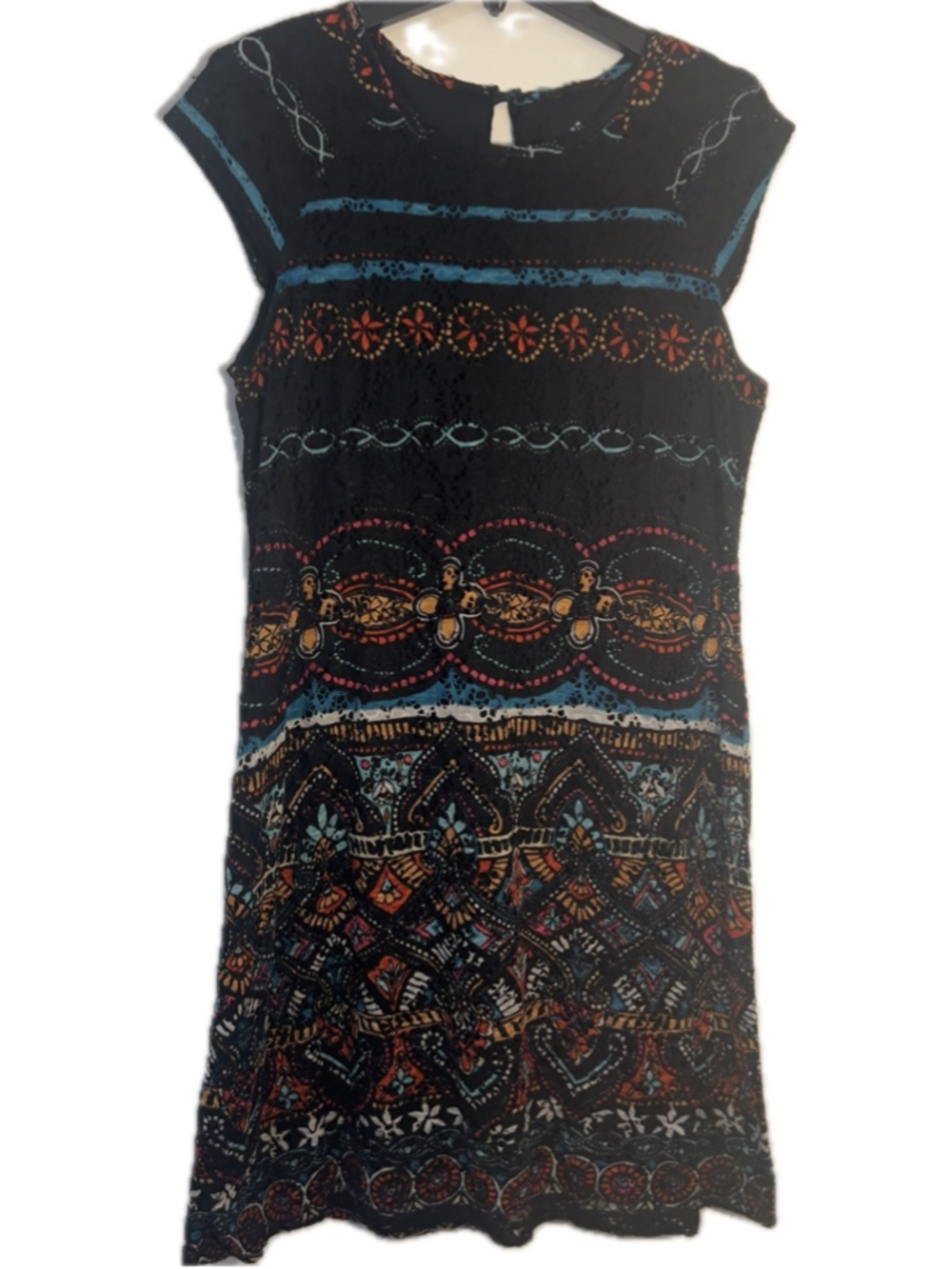 Ronni Nicole Black Lace Overlay Dress Size 10 Boho Print Cap Sleeve (b12)